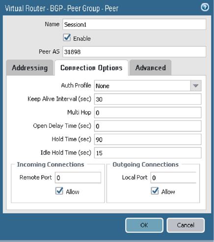 Diese Abbildung zeigt die Registerkarte "BGP - Peer - Connection Options".