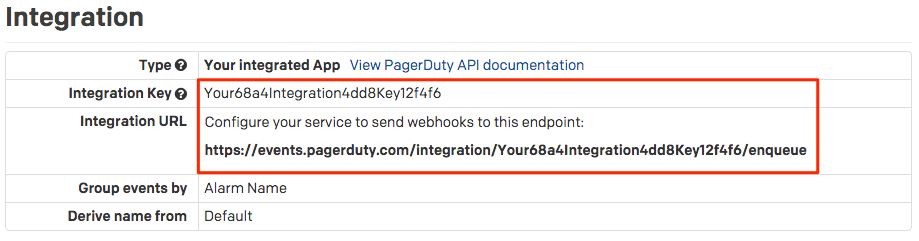 PagerDuty Integrationsschlüssel und Integrations-URL.