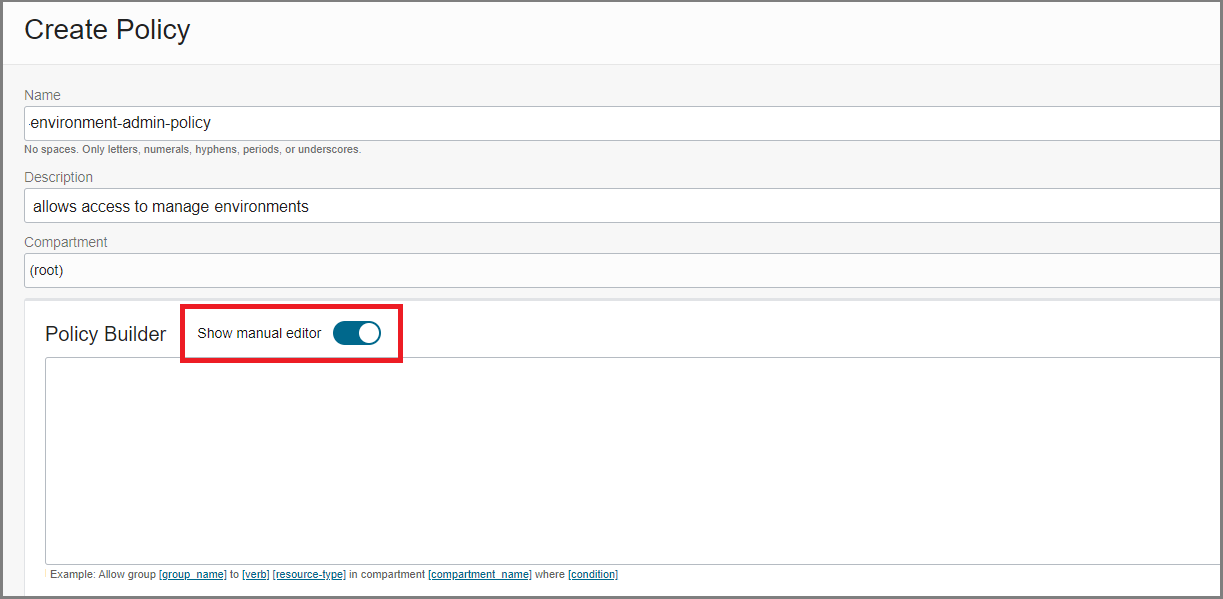 Detail, das das Umschalten zwischen Policy Builder und manuellem Editor zeigt