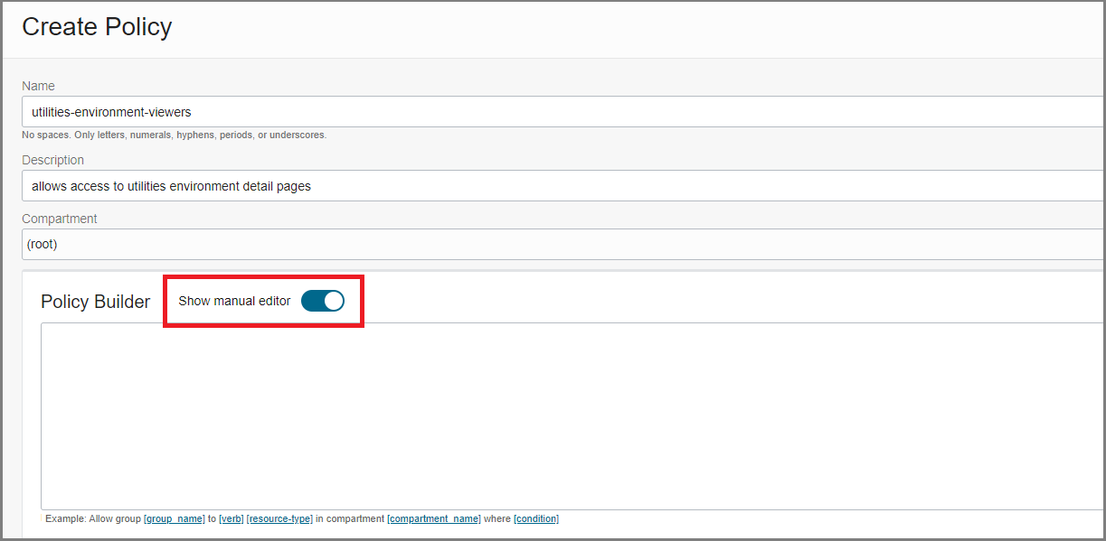 Detail, das das Umschalten zwischen Policy Builder und manuellem Editor zeigt