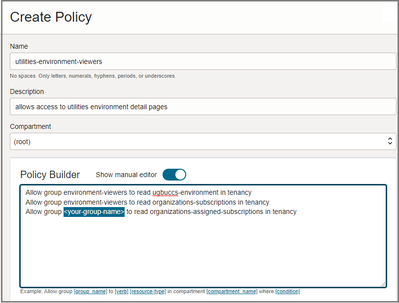 Detail, das den Policy Builder mit eingefügten Anweisungen und aktualisierten Gruppennamen zeigt
