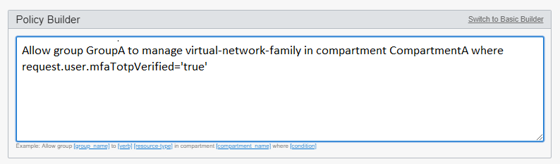 Diese Abbildung zeigt das Textfeld im erweiterten Policy Builder mit bearbeiteter Anweisung