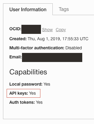 Registerkarte "Benutzerinformationen", bei der die Option "API-Schlüssel" auf "Ja" gesetzt ist.