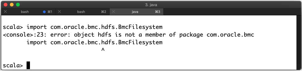 Screenshot, auf dem beim Importbefehl ein Fehler aufgetreten ist: object hdfs ist kein Mitglied des Pakets com.oracle.bmc