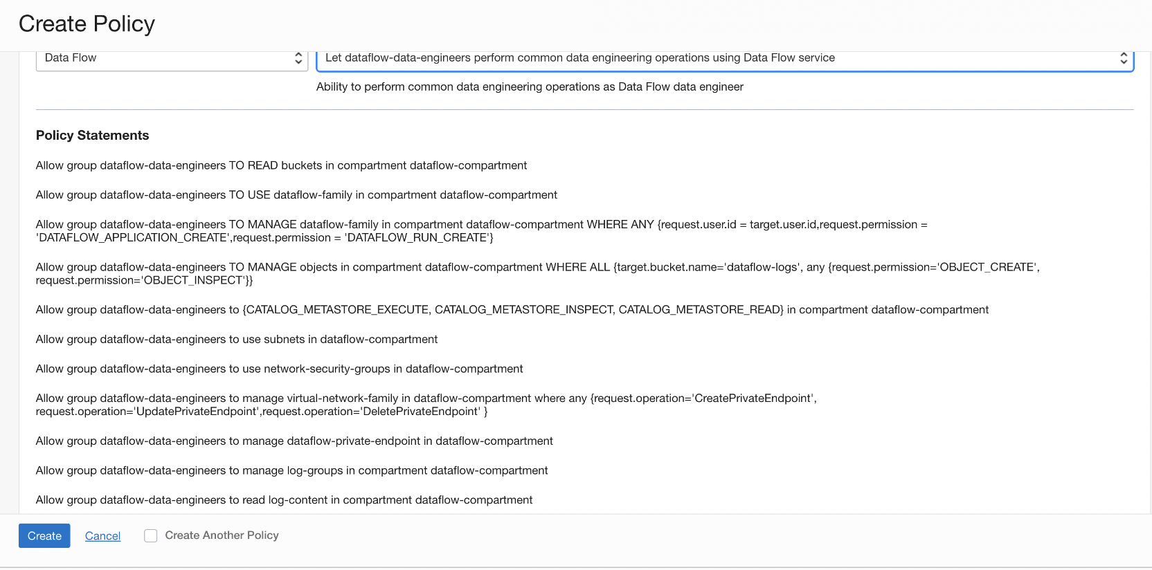 Die Policy "Datenfluss-Data Engineers gemeinsame Data Engineering-Vorgänge mit dem Data Flow-Service ausführen lassen" ist ausgewählt, und die Policy-Anweisungen dafür werden angezeigt.