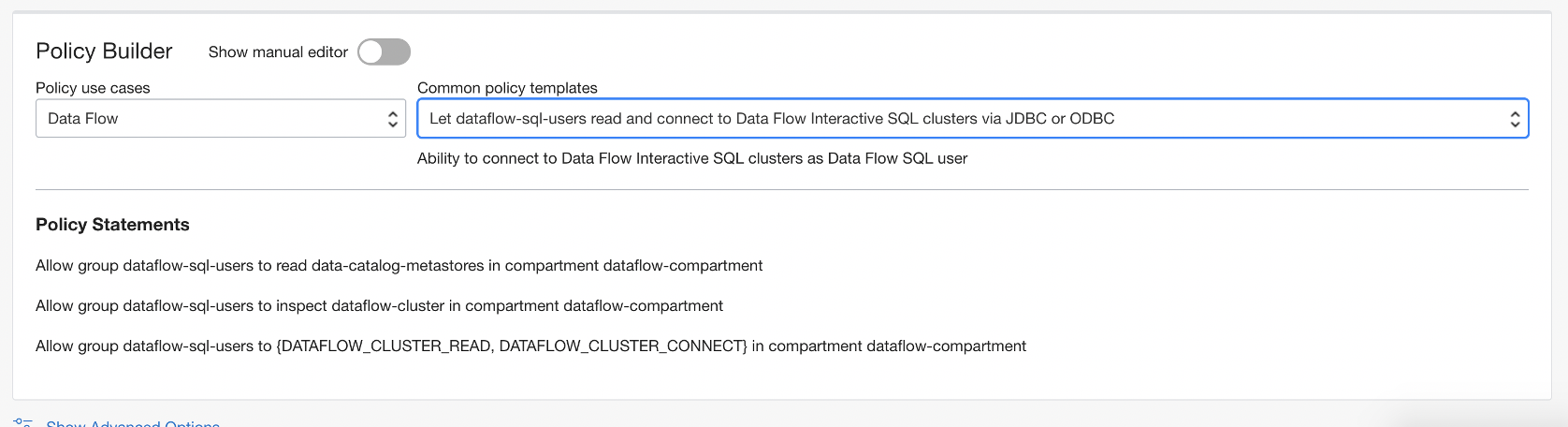 Die Policy {\b Let dataflow-SQL-users read and connect to Data Flow Interactive SQL cluster via JDBC oder ODBC} ist gewählt, und die entsprechenden Policy-Anweisungen werden angezeigt.