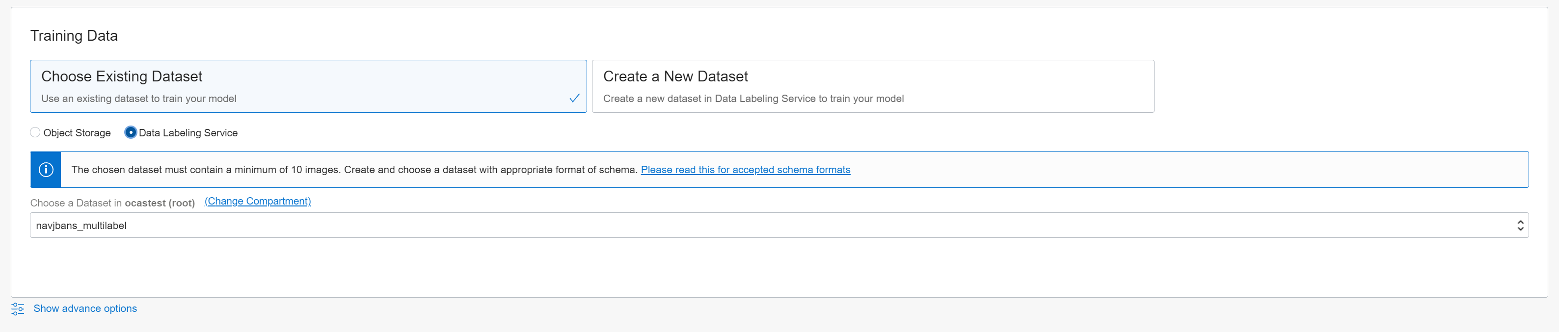 Wählen Sie das ausgewählte vorhandene Dataset aus, ebenso wie Data Labeling Service. Ein Datenset wird aus der Liste ausgewählt.