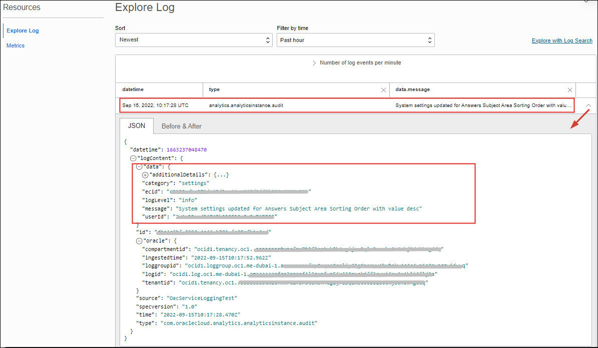 Logdetails im Datenabschnitt