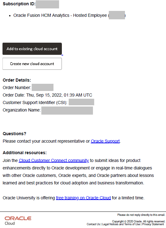 Zu vorhandener Cloud-Accountoption in der Oracle Fusion Data Intelligence-Abonnement-E-Mail hinzufügen