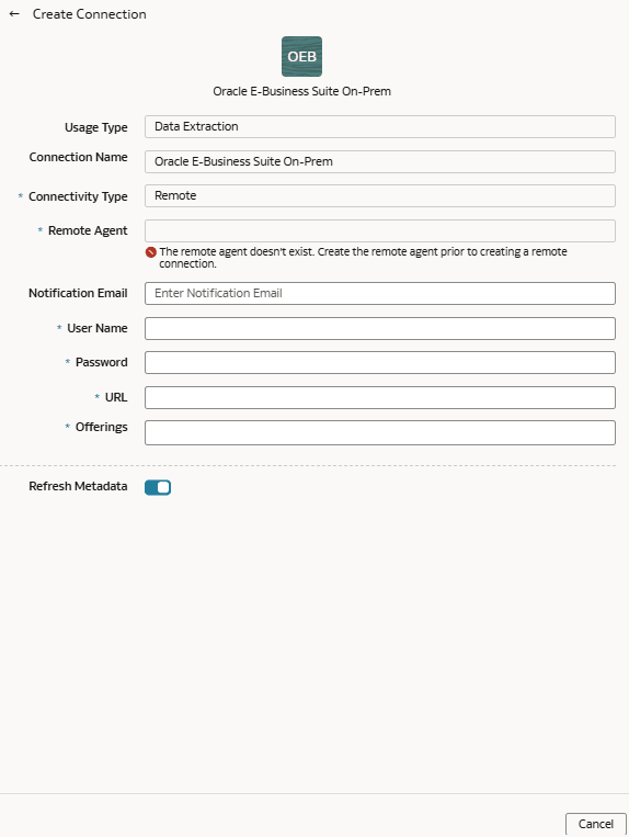 Verbindung für Oracle E-Business Suite On-Prem erstellen (Dialogfeld)