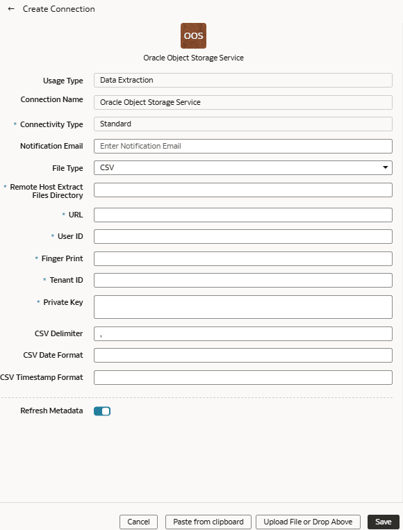 Verbindung für Oracle Object Storage Service erstellen (Dialogfeld)