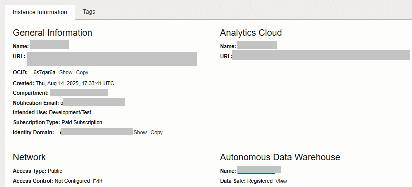 Seite "Instanzdetails" mit "Für Data Safe registriert" unter Autonomous Data Warehouse