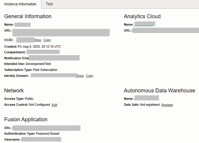 Seite "Instanzdetails" mit der Option "Registrieren" für Data Safe unter Autonomous Data Warehouse