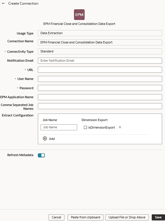 Dialogfeld "Verbindung erstellen" für EPM Financial Close and Consolidation-Datenexport