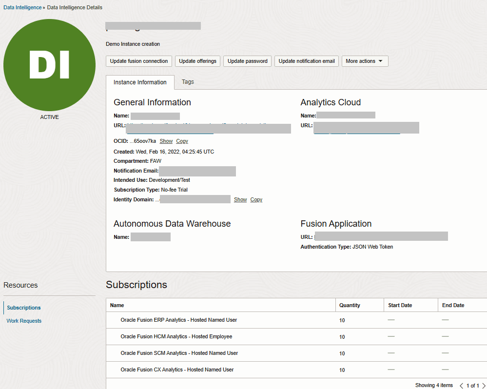 Öffentliche Oracle Fusion Data Intelligence-Instanz