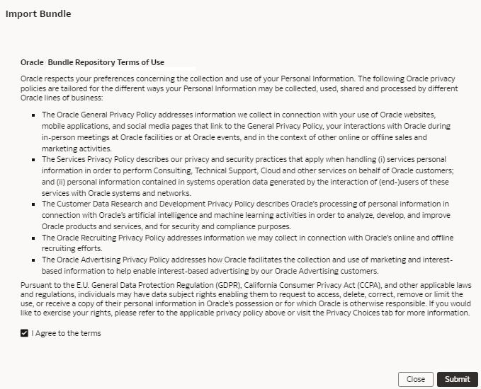 Oracle Bundle Repository-Nutzungsbedingungen im Dialogfeld "Bundle importieren"
