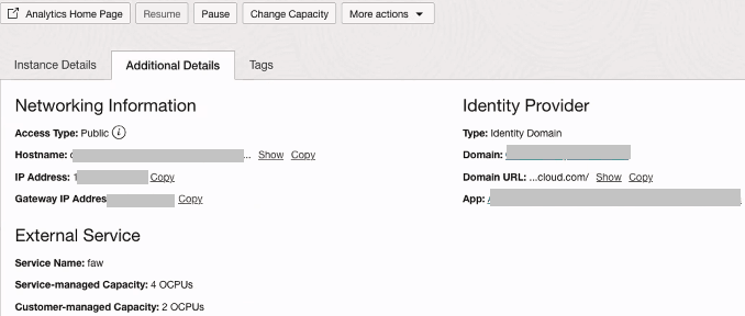 Die vom Service verwaltete und vom Kunden verwaltete Kapazität für die zugehörige Oracle Analytics Cloud-Instanz