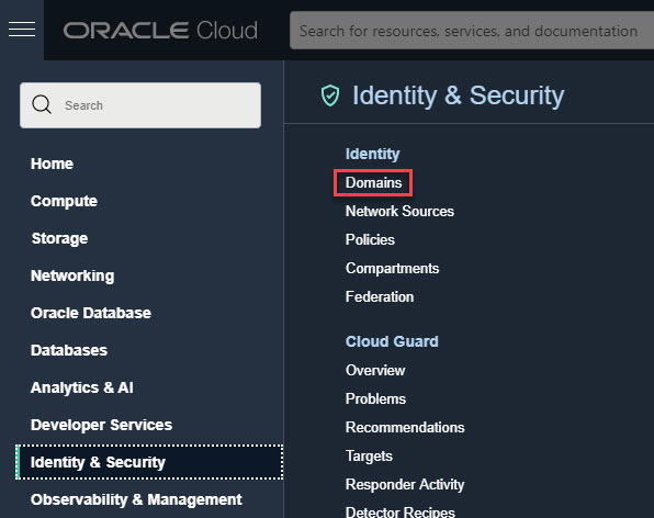 Oracle Cloud-Konsole mit "Identität und Sicherheit" und Menüoption "Domains"