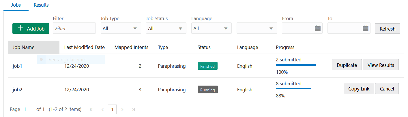 Beschreibung von paraphrasing-jobs-page.png folgt