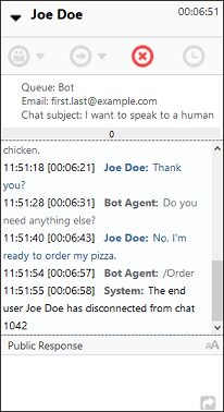 Die Chatkonsole zeigt an, dass der Agent "/Order" gesendet hat und der Chat beendet wurde.