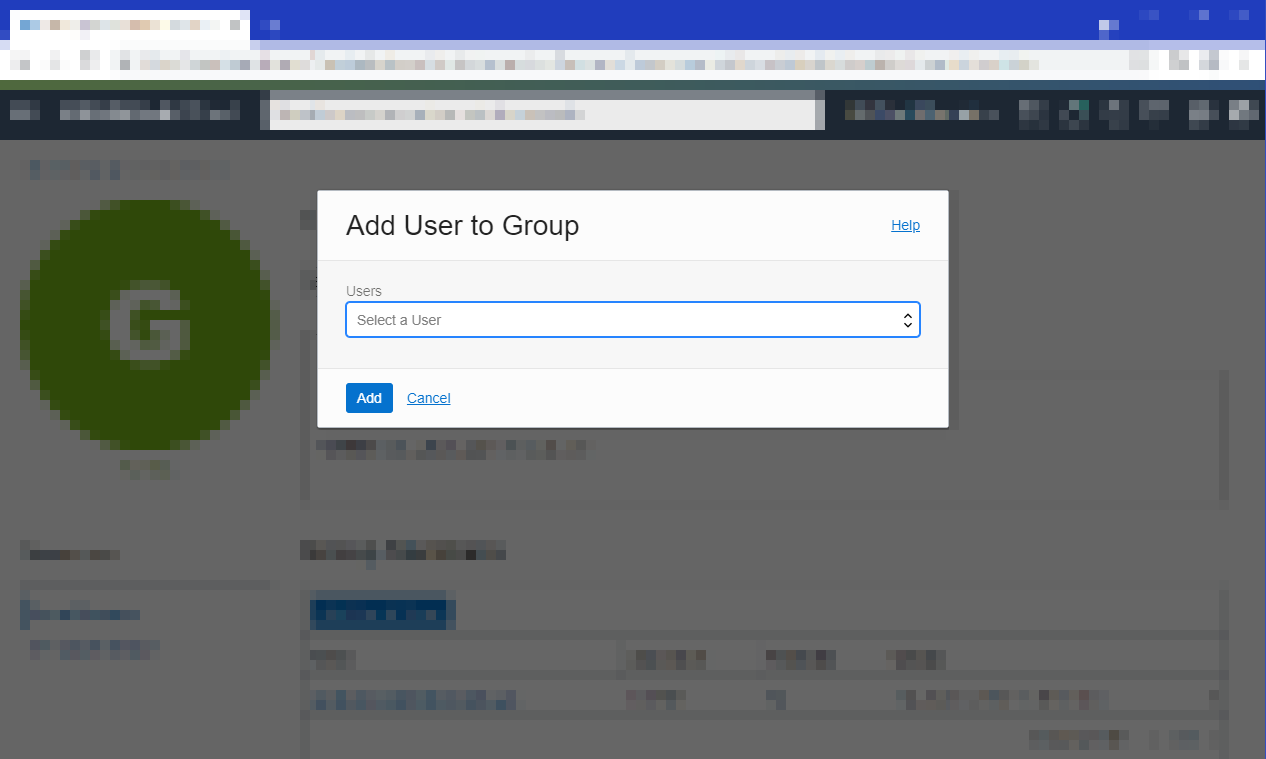 This image shows the Add User to Group dialog, with an empty Users field.