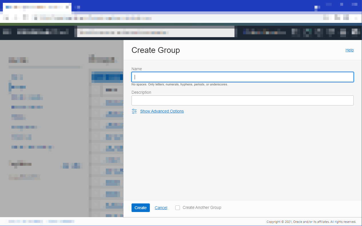 This image shows the Create Group dialog, with empty Name and Description fields.