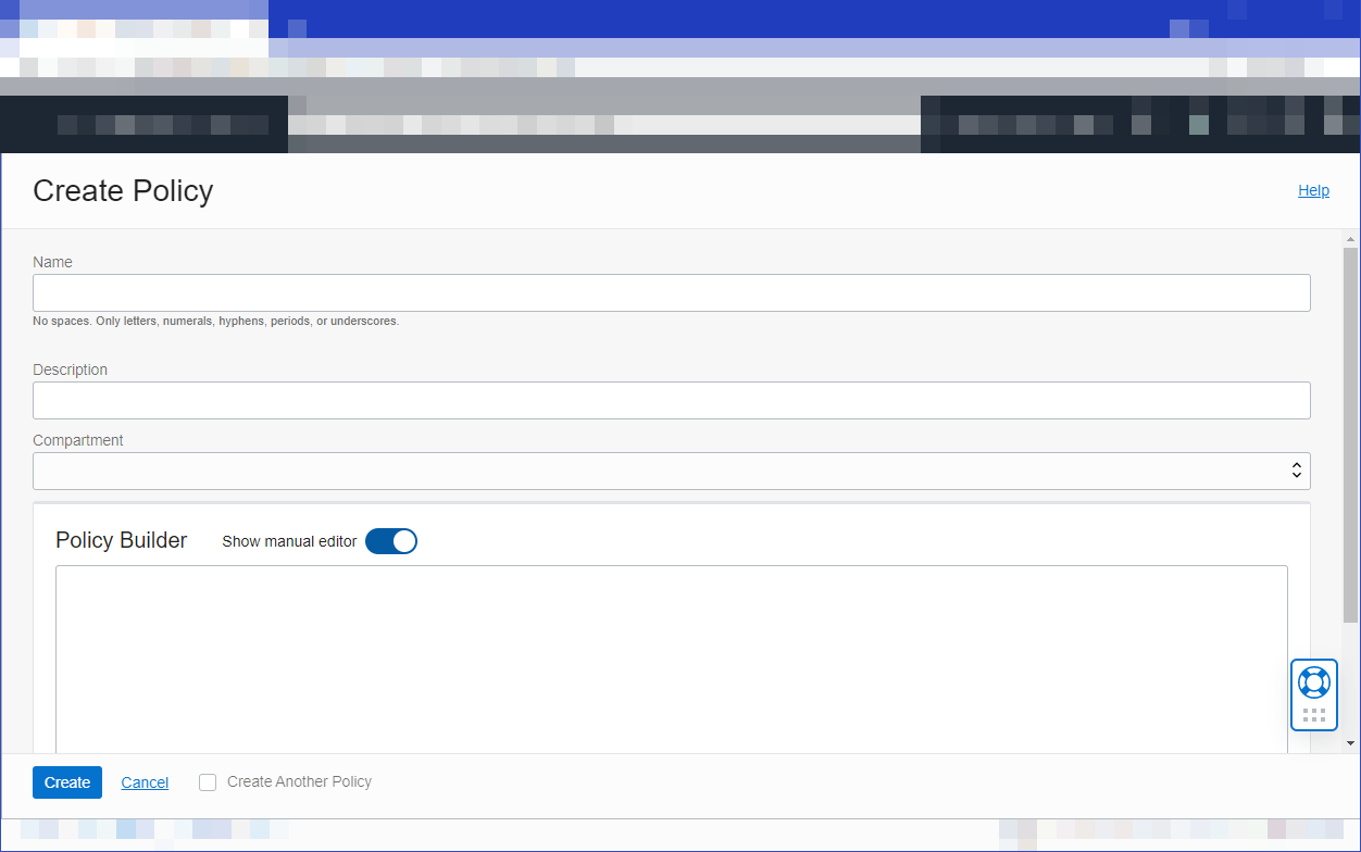 This image shows Create Policy page, with all fields empty. The Show manual editor option has been selected.