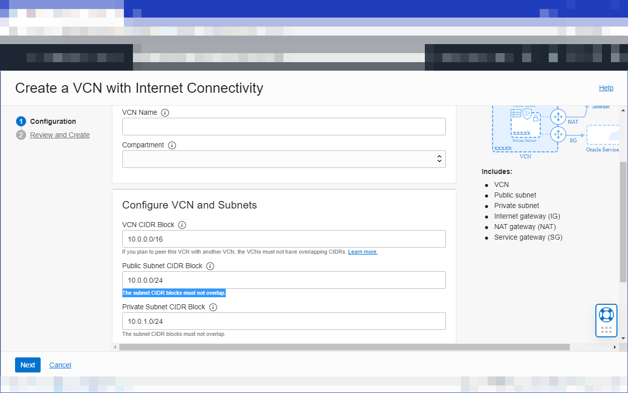 This image shows the Configuration page of the Create a VCN with Internet Connectivity workflow. The VCN CIDR Block, Public Subnet CIDR Block, and Private Subnet CIDR Block fields contain default values (10.0.0.0/16, 10.0.0.0/24, and 10.0.1.0/24 respectively).