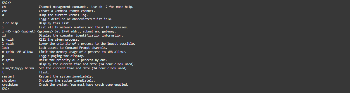 List of SAC commands example output