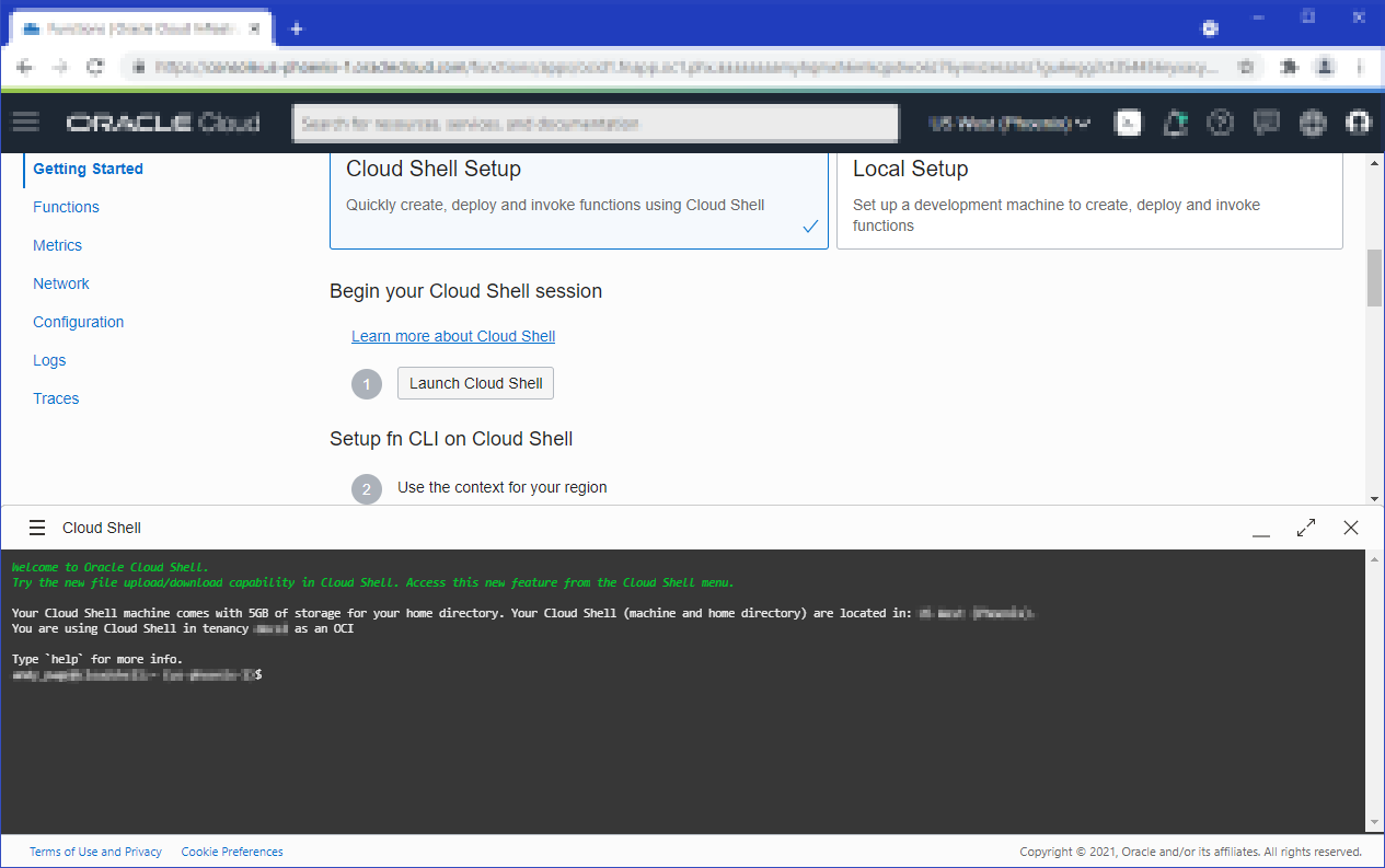 This image shows the Application Details page containing details for the helloworld-app. The Getting Started - Cloud Shell Setup option is selected. A new Cloud Shell terminal window is shown.
