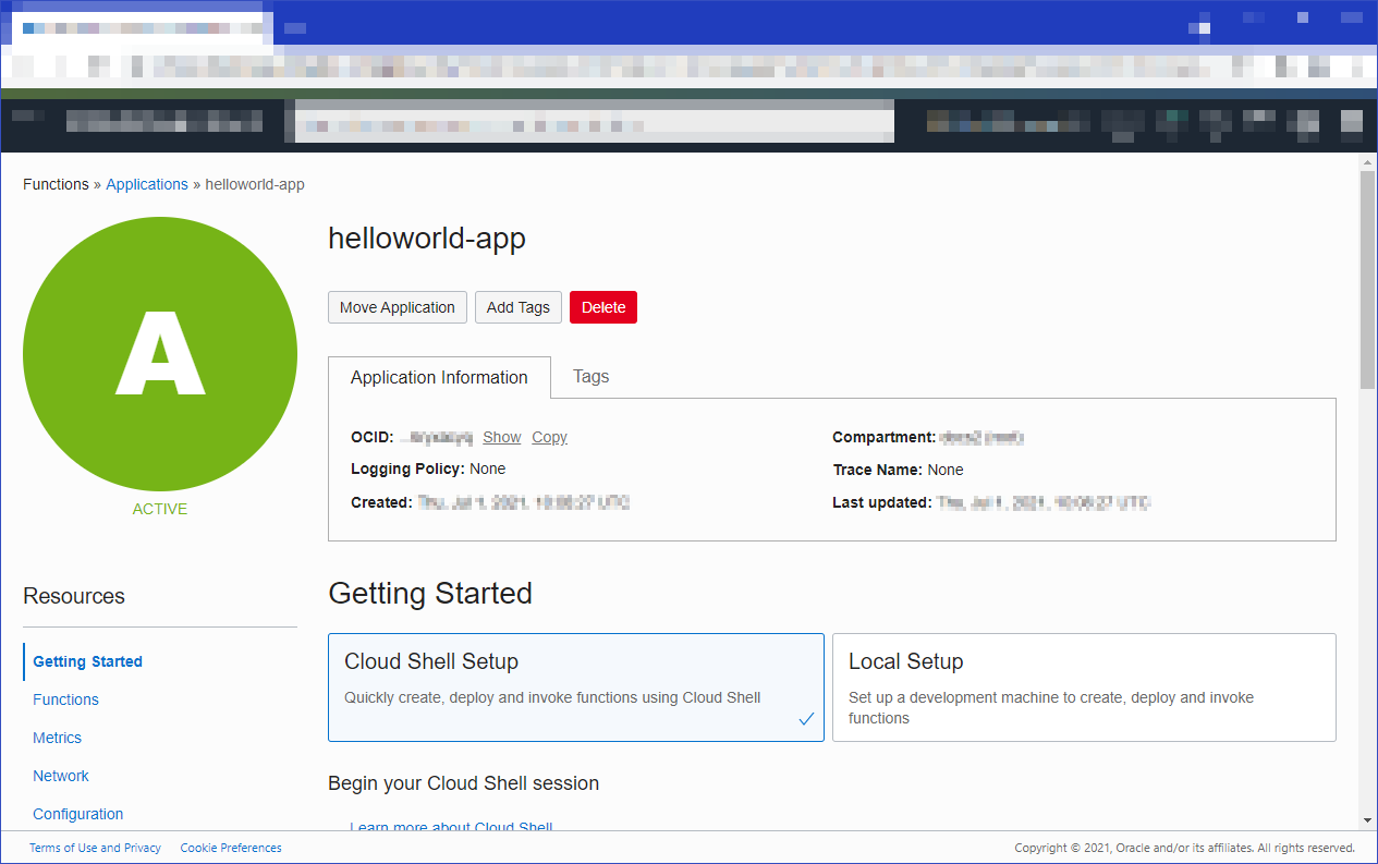 This image shows the Application Details page containing details for the helloworld-app. The Getting Started - Cloud Shell Setup option is selected.