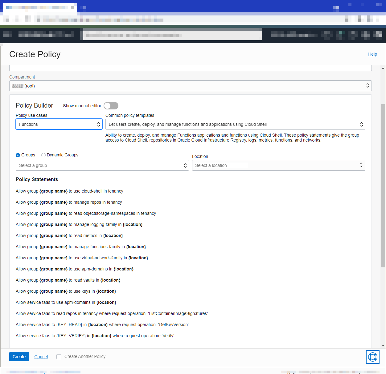This image shows the Create Policy dialog, with empty Name, Description, and Compartment fields. The "Let users create, deploy, and manage functions and applications using Cloud Shell" template is shown in the Common policy templates field. Several of the policy statements are shown.