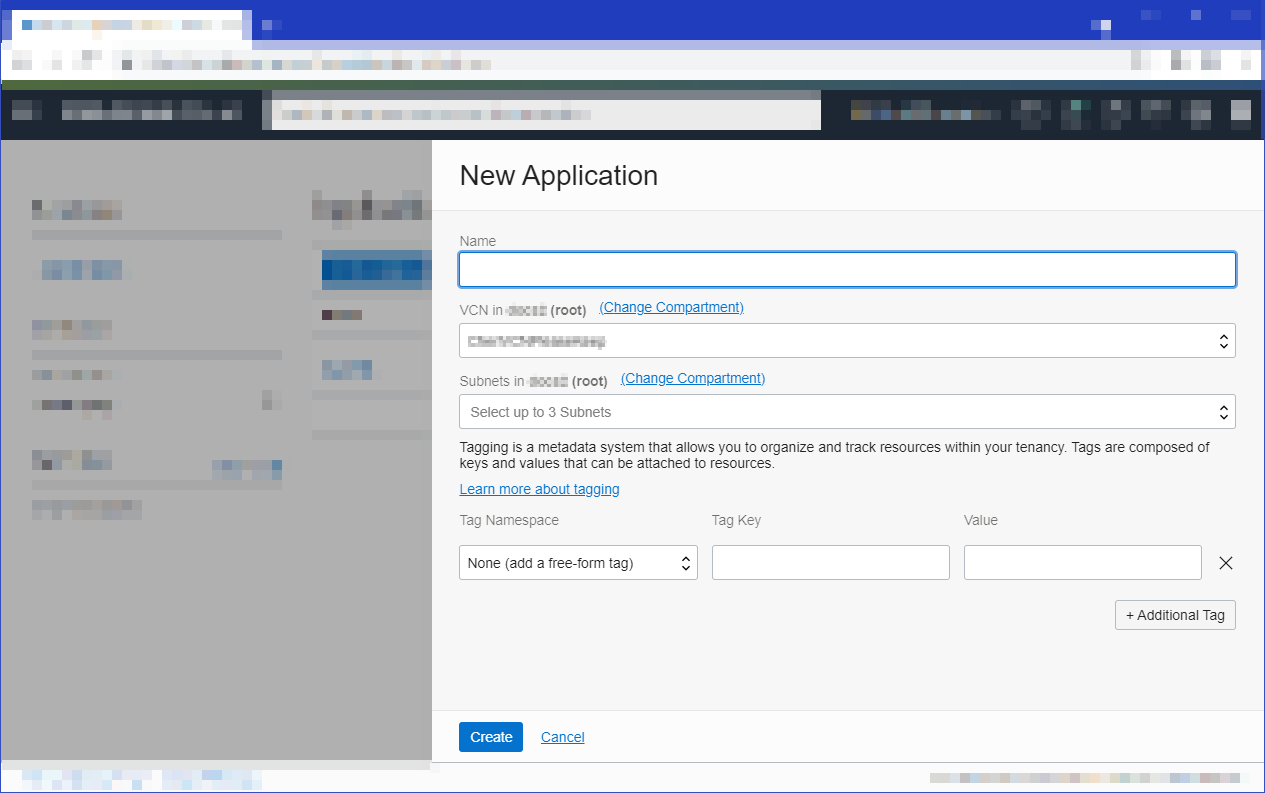 This image shows the New Applicatoin dialog, with empty Name, VCN, and Subnets fields.