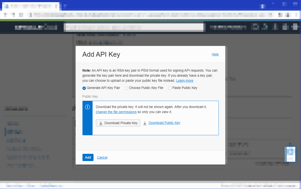 This image shows the Add API Key dialog, with the Generate API Key Pair option selected.