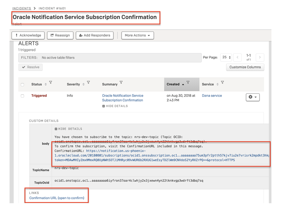 Example of confirmation incident in PagerDuty.
