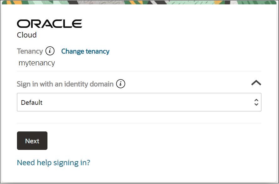 Sign in page for identity domains