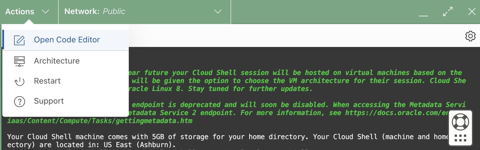Cloud Shell architecture action menu