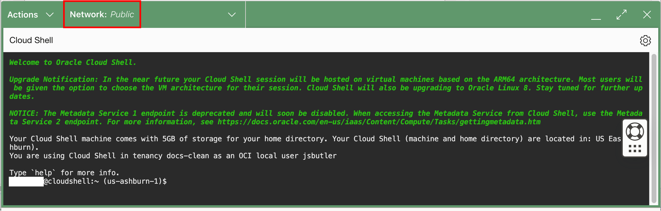 Cloud Shell Network menu location