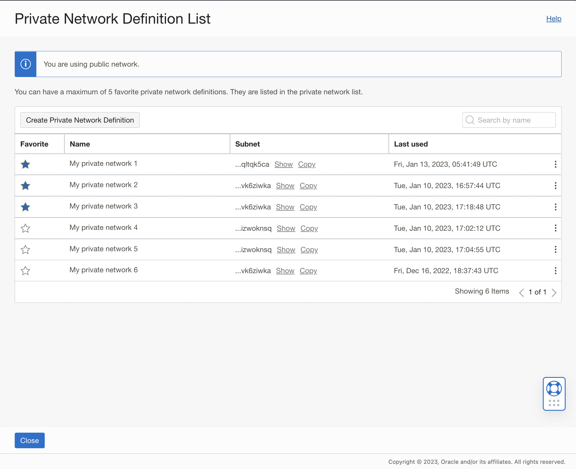 Cloud Shell Private Network definition list