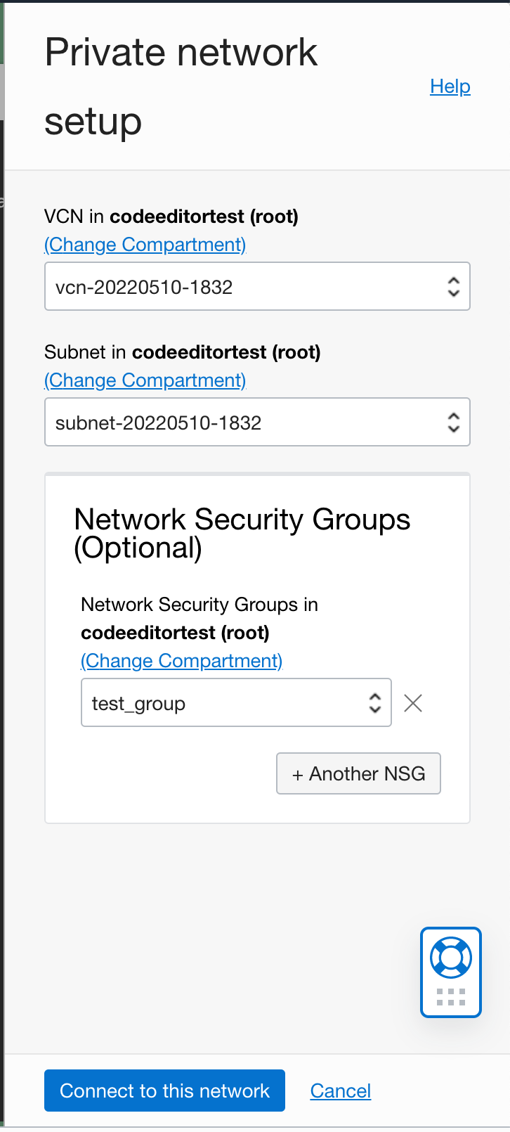 Example completed Cloud Shell private network setup dialog