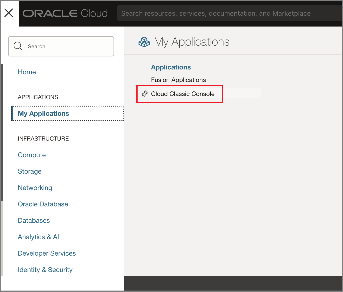 Screenshot showing navigation to Oracle Cloud Console