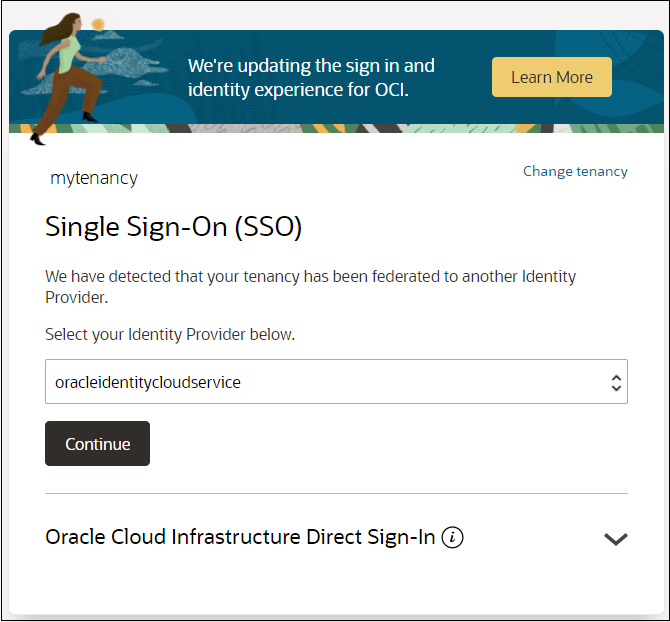 Single Sign-On panel for Oracle Identity Cloud Service
