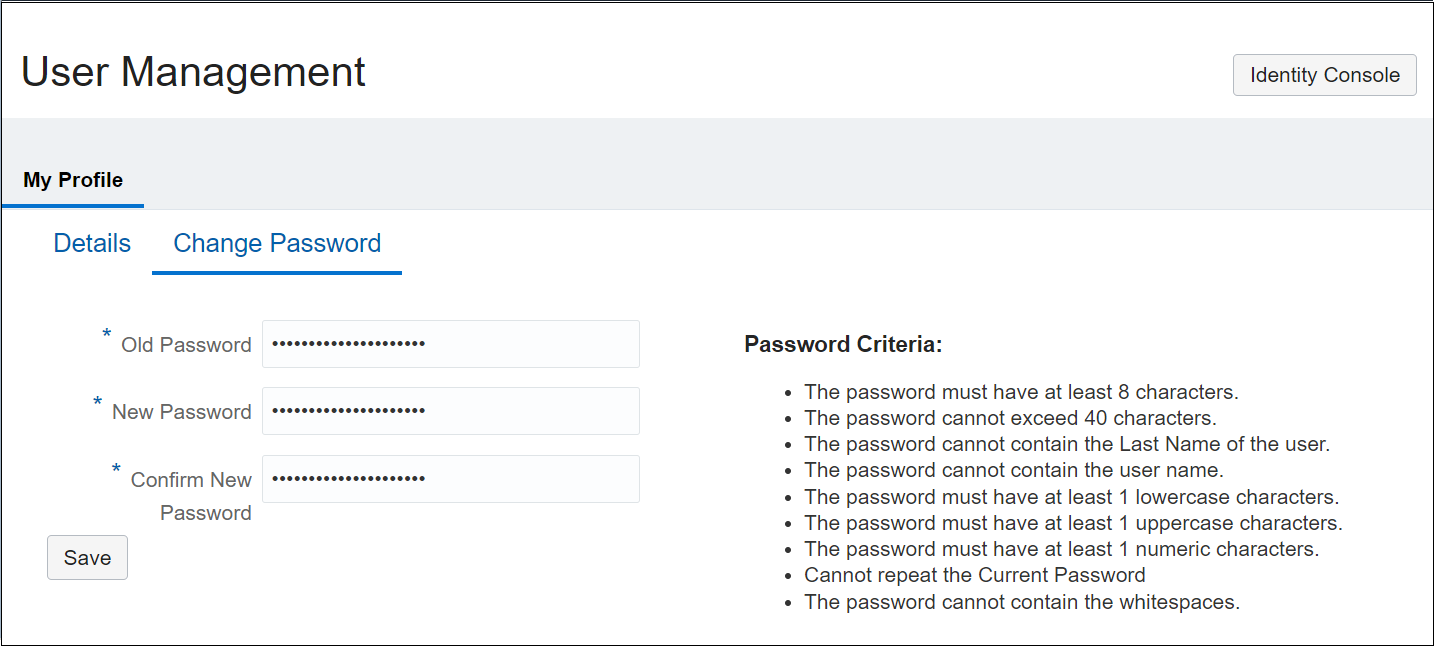 The User Management change password page for the IDCS user