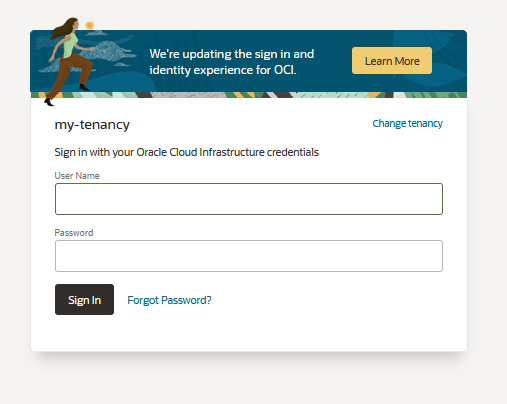 Sign in page for local OCI users