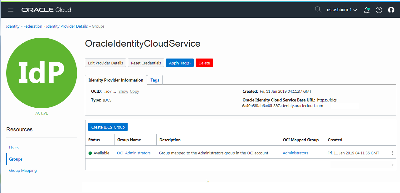 This screenshot shows the Oracle Identity Cloud Service Federation Details page