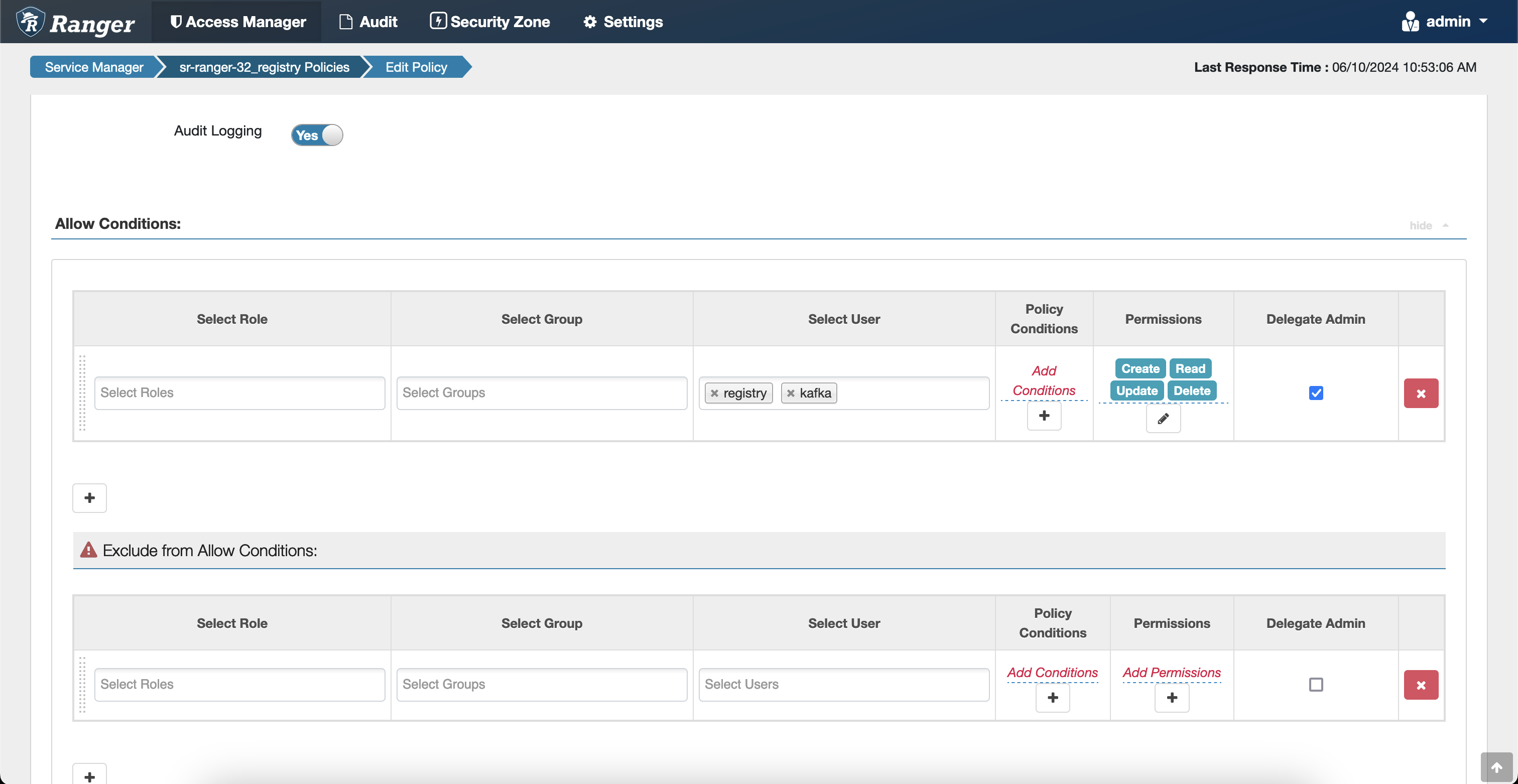 Schema Registry Ranger default policies allow conditions