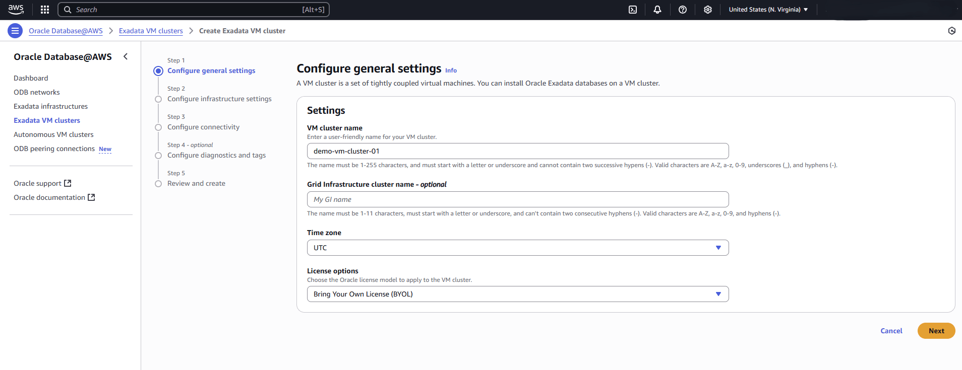This screenshot shows the first part of creating an Exadata VM Cluster.