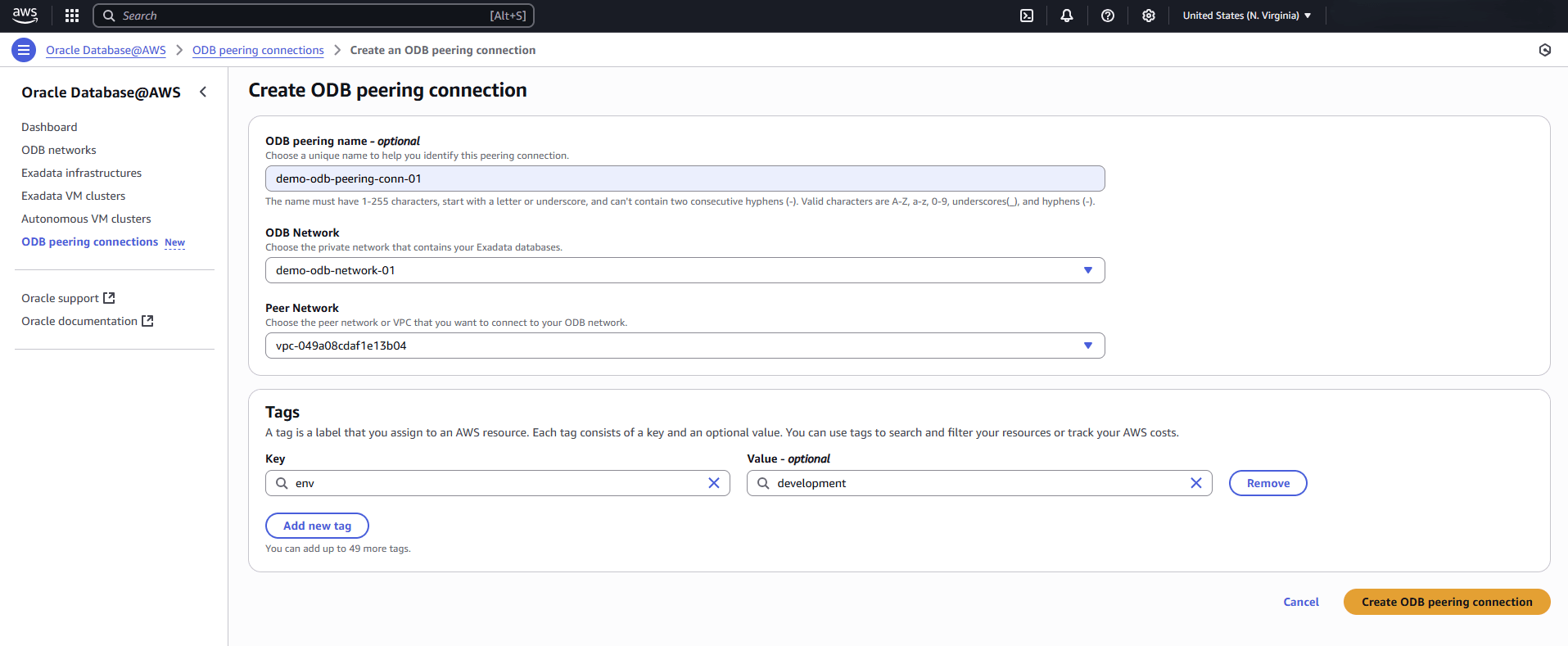 This screenshot shows the first part of creating an ODB peering connections.