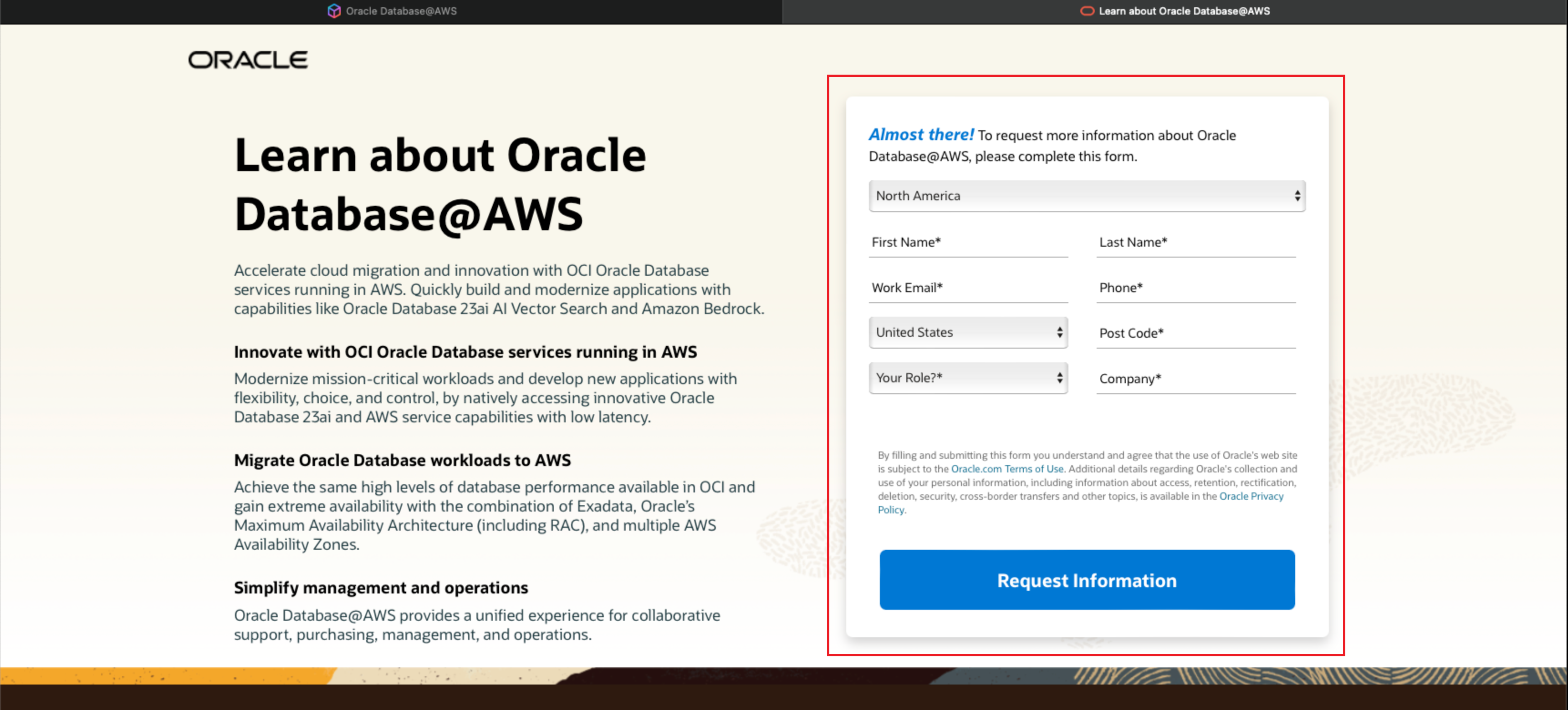 Click to expand An image showing the Oracle Database@AWS website's contact form.