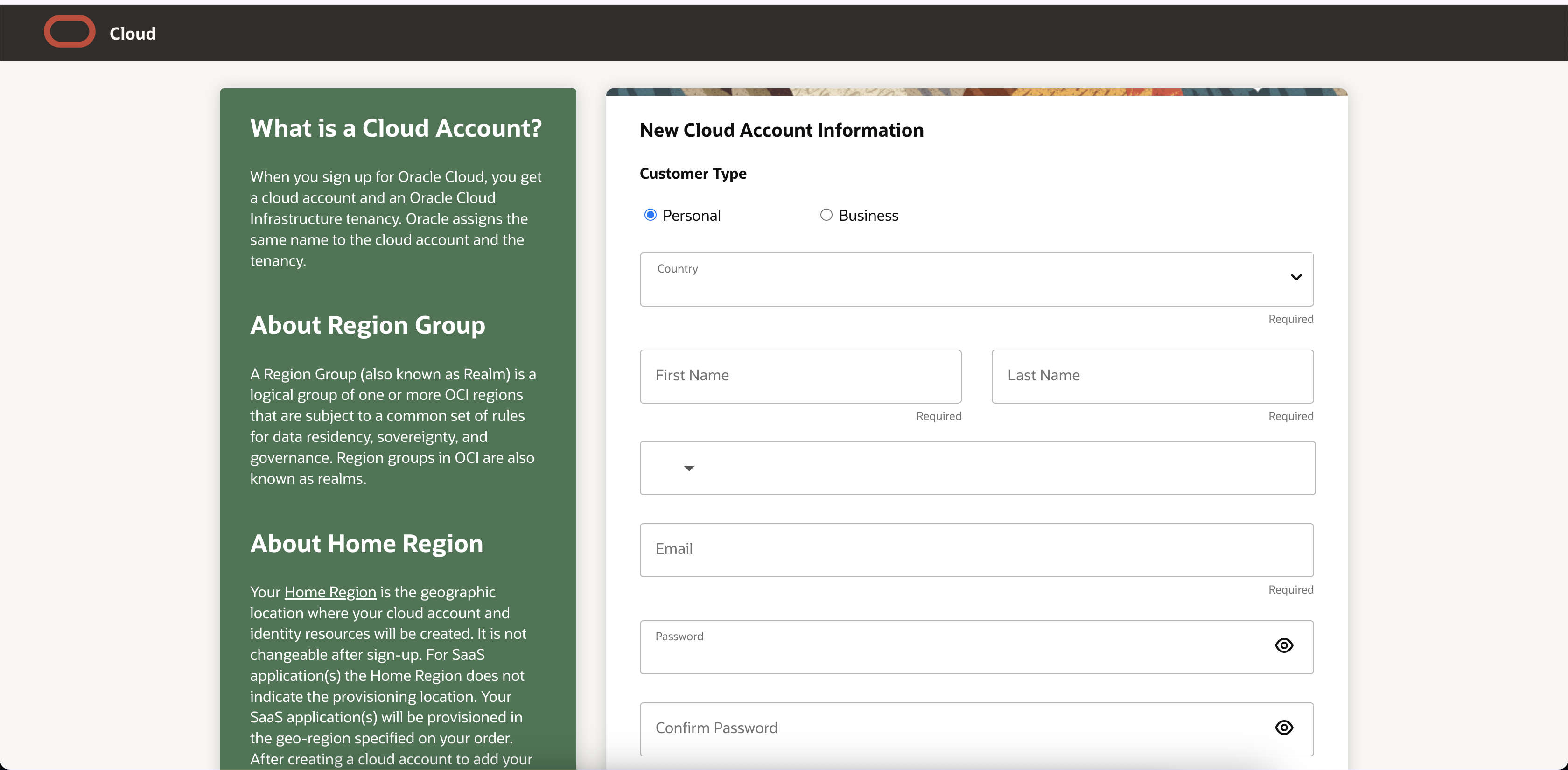 Click to expand An image of the OCI New Cloud Account sign up form.